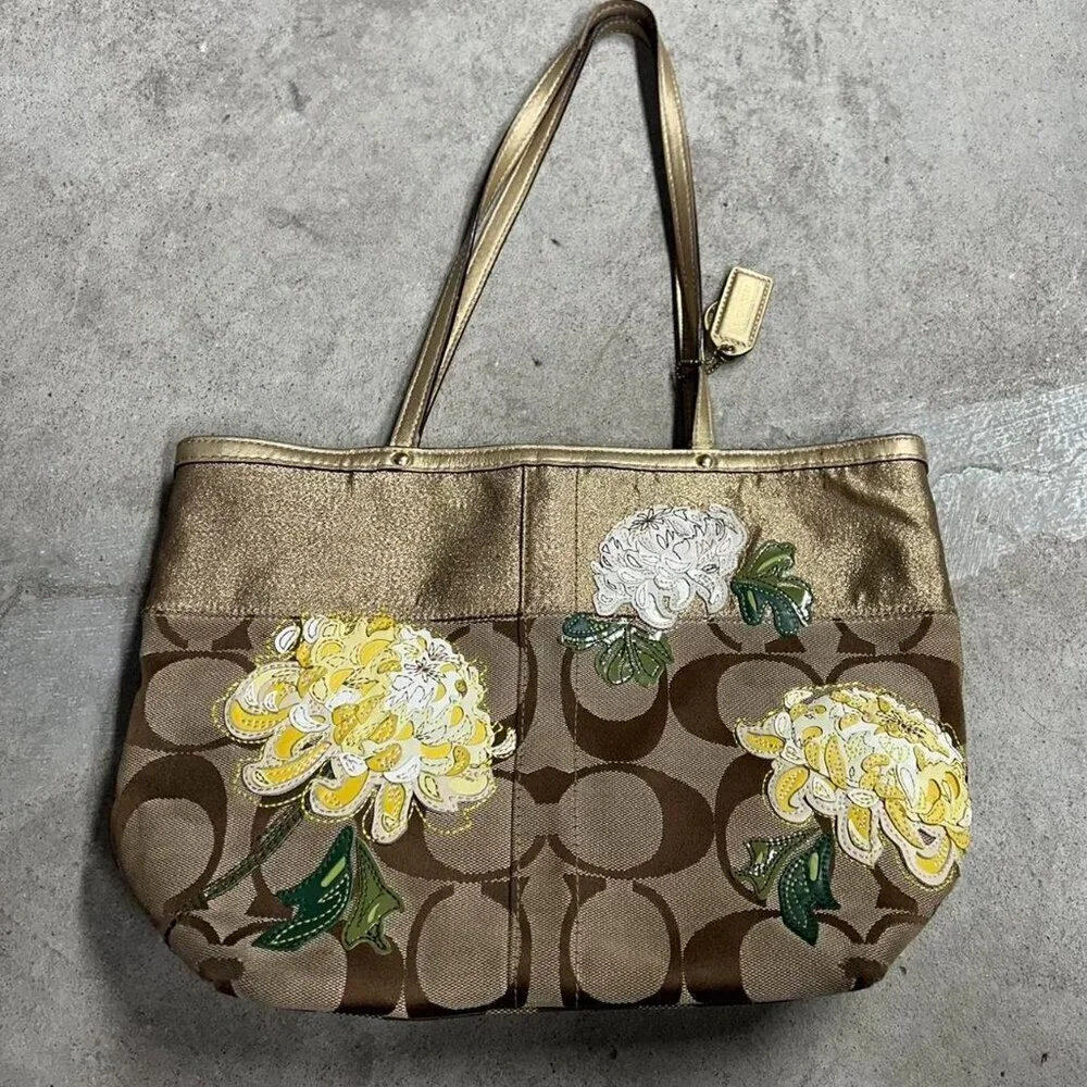 COACH Brown Signature Floral Embroidered Jacquard & Gold Leather Satchel Tote